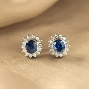 1.76 Carat Oval Sapphire Diamond Halo Stud Earrings