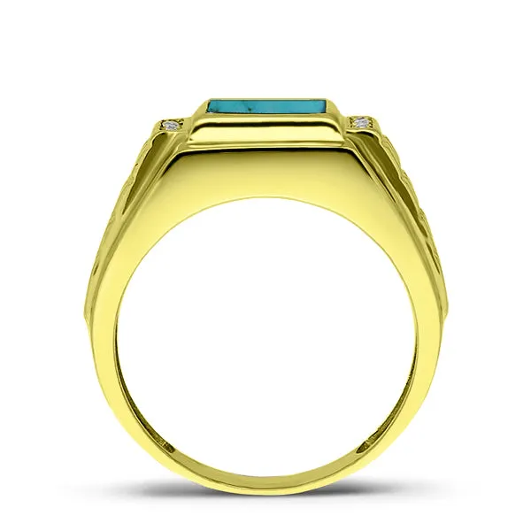 18K Gold Plated on 925 Solid Silver Mens Turquoise Ring With 4 Diamond Accents