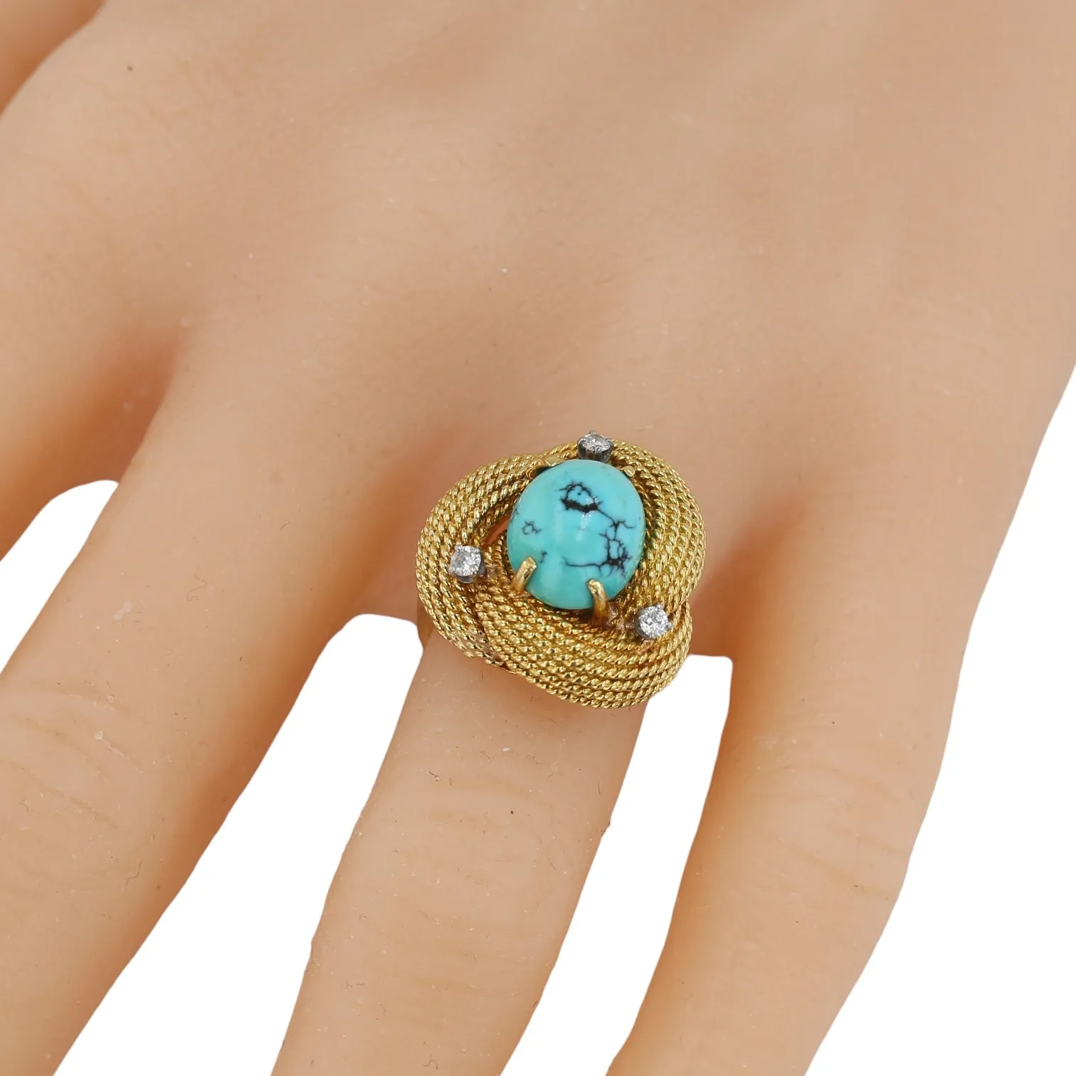 18k yellow gold solid natural turquoise center stone diamond accent knot ring-31314