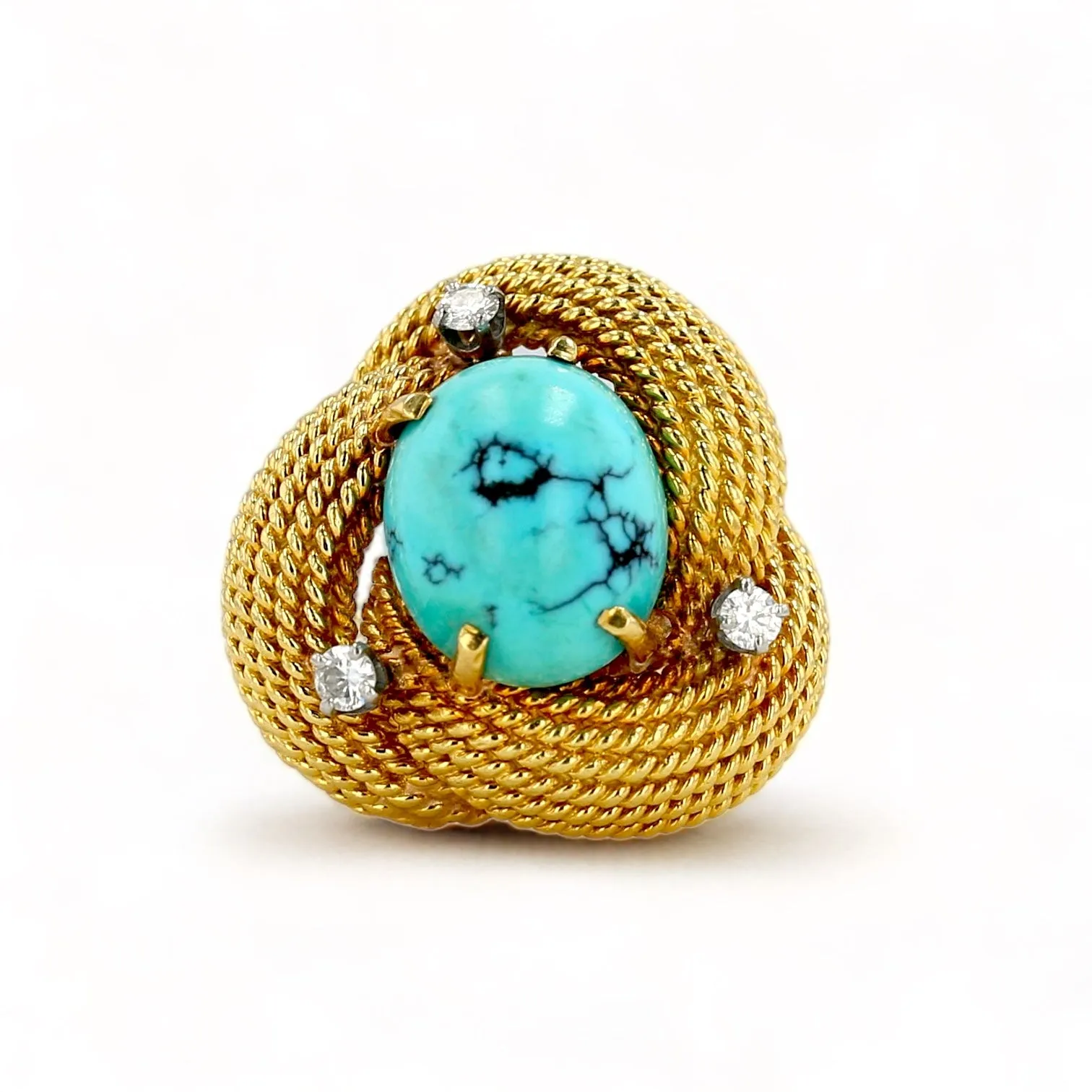 18k yellow gold solid natural turquoise center stone diamond accent knot ring-31314