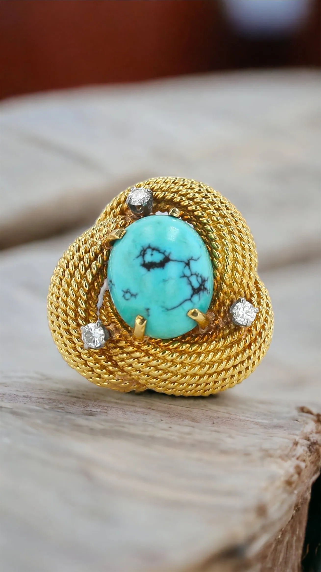 18k yellow gold solid natural turquoise center stone diamond accent knot ring-31314