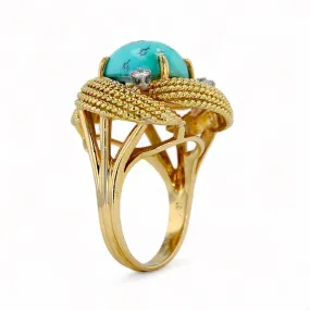 18k yellow gold solid natural turquoise center stone diamond accent knot ring-31314