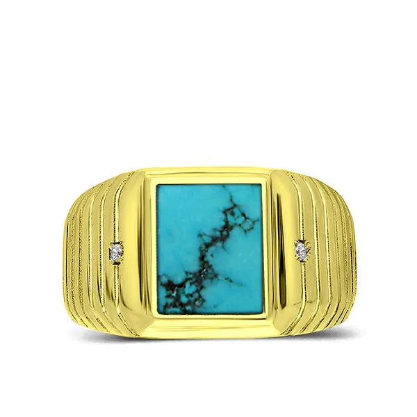 2 Diamond Accents 18K Gold Plated on 925 Solid Silver Mens Turquoise Ring All Sz