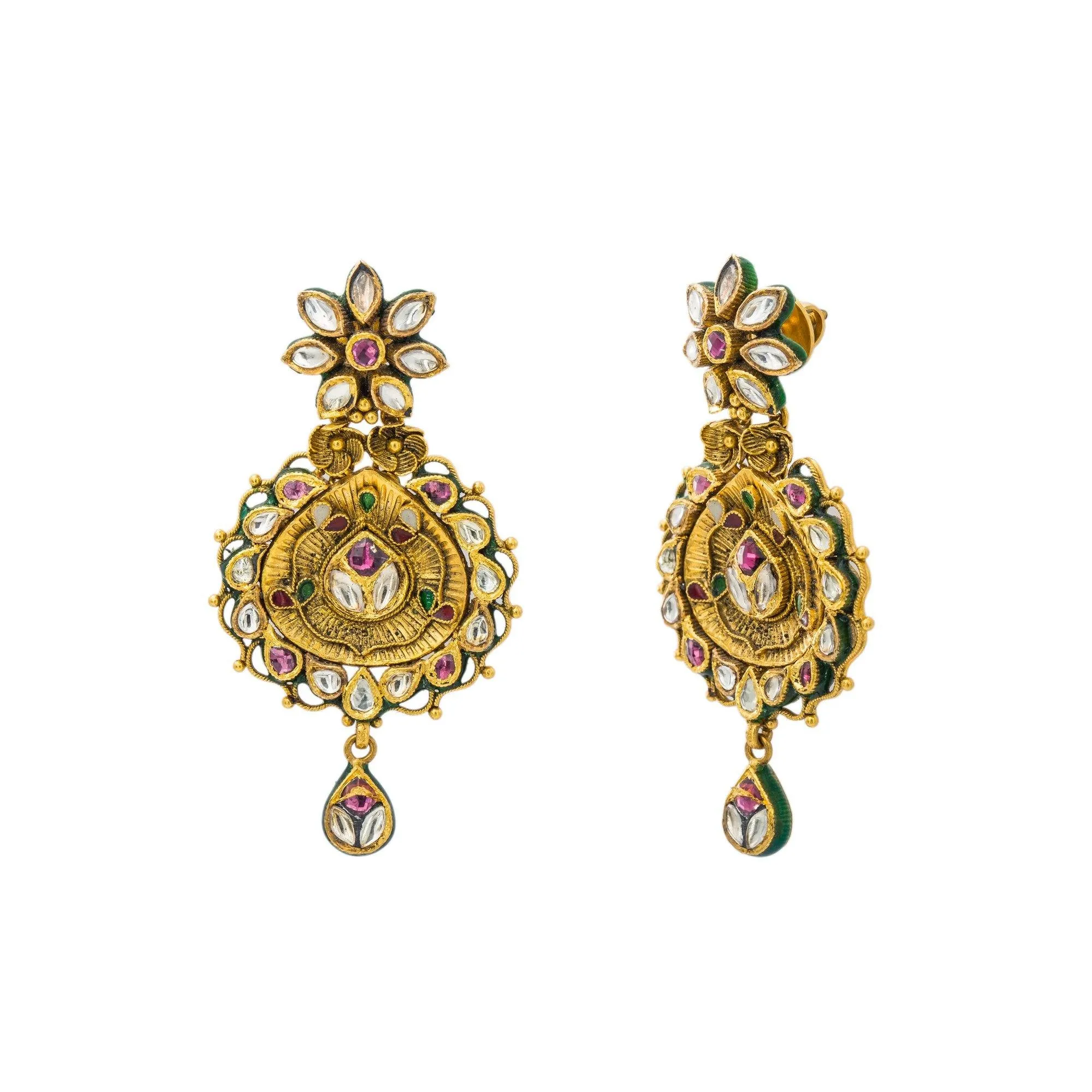 22K Yellow Gold Drop Earrings W/ Kundan & Vintage Design