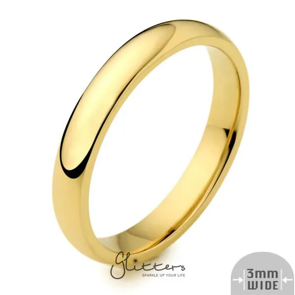 24K Gold Ion Plated over Stainless Steel 3mm Wide Glossy Mirror Polished Plain Band Ring