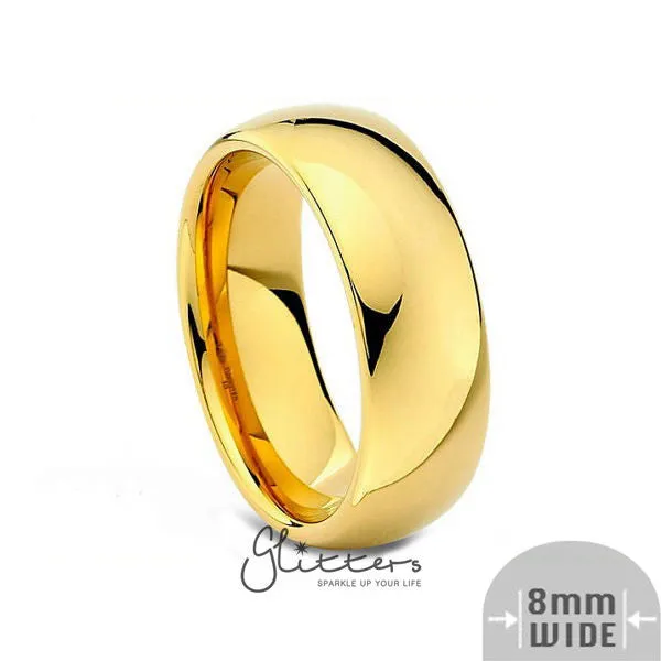 24K Gold Ion Plated over Stainless Steel 8mm Wide Glossy Mirror Polished Plain Band Ring