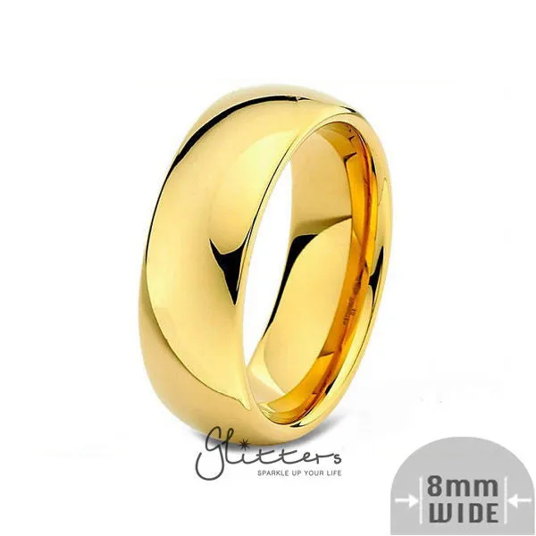 24K Gold Ion Plated over Stainless Steel 8mm Wide Glossy Mirror Polished Plain Band Ring