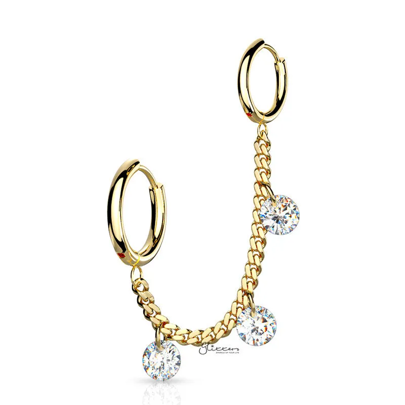 3 CZ Dangle 316L Surgical Steel Chain Linked Ear Huggie Hoops - Gold