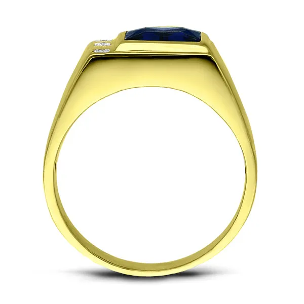 3 Diamond Accents 18K Gold Plated on 925 Solid Silver Mens Blue Sapphire Ring