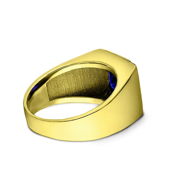 3 Diamond Accents 18K Gold Plated on 925 Solid Silver Mens Blue Sapphire Ring