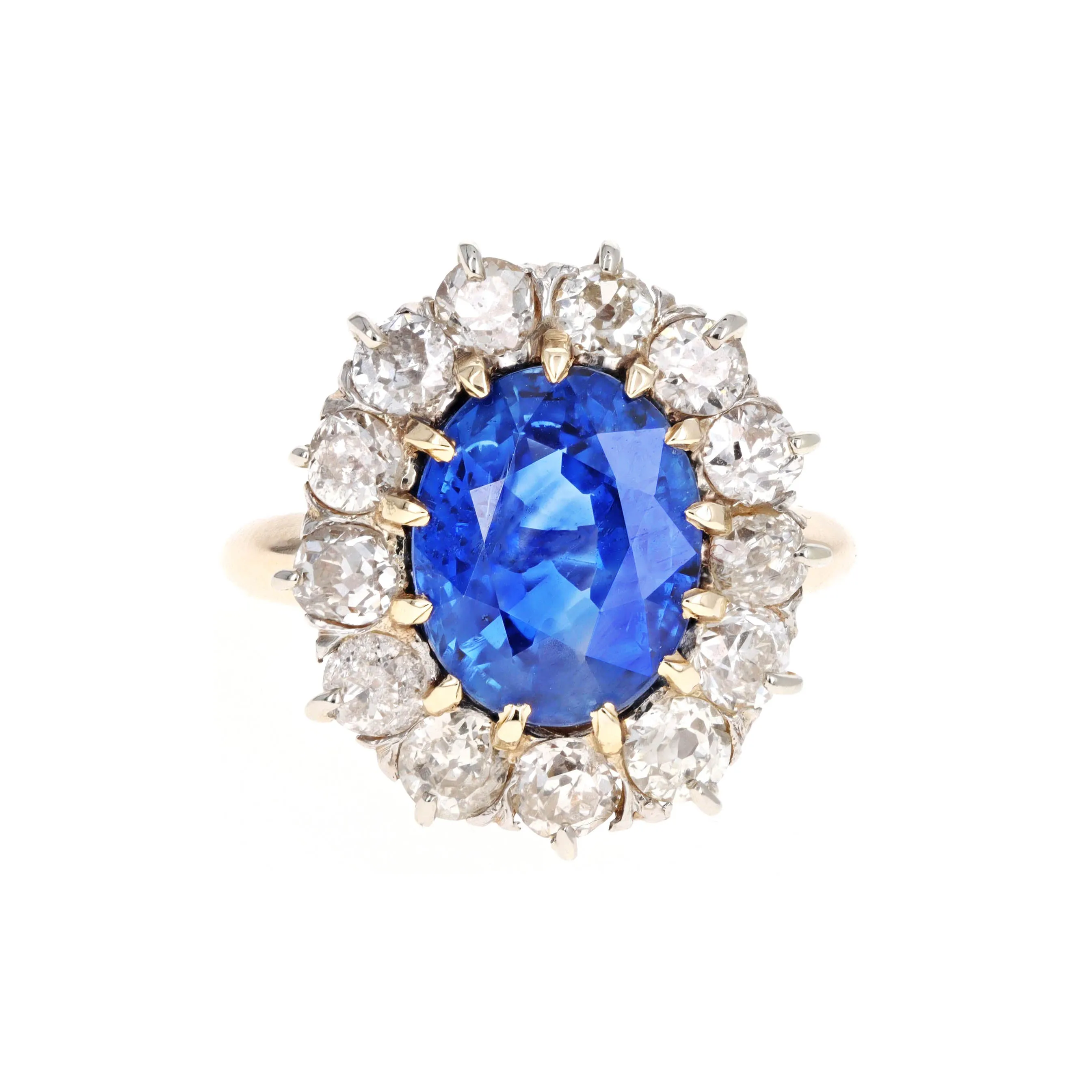 5.01 Carat Oval Natural No Heat Sapphire & Old European Diamond Halo Ring in 14K Gold GIA Certified