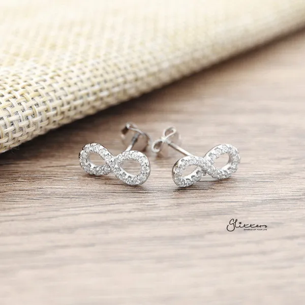 925 Sterling Silver CZ Paved Infinity Symbol Stud Earrings