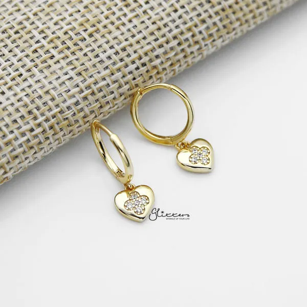 925 Sterling Silver Dangle C.Z Heart One-Touch Huggie Hoop Earrings