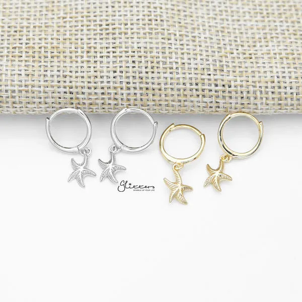 925 Sterling Silver Dangle Starfish One-Touch Huggie Hoop Earrings