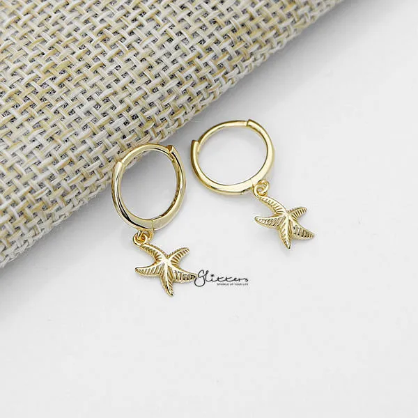 925 Sterling Silver Dangle Starfish One-Touch Huggie Hoop Earrings