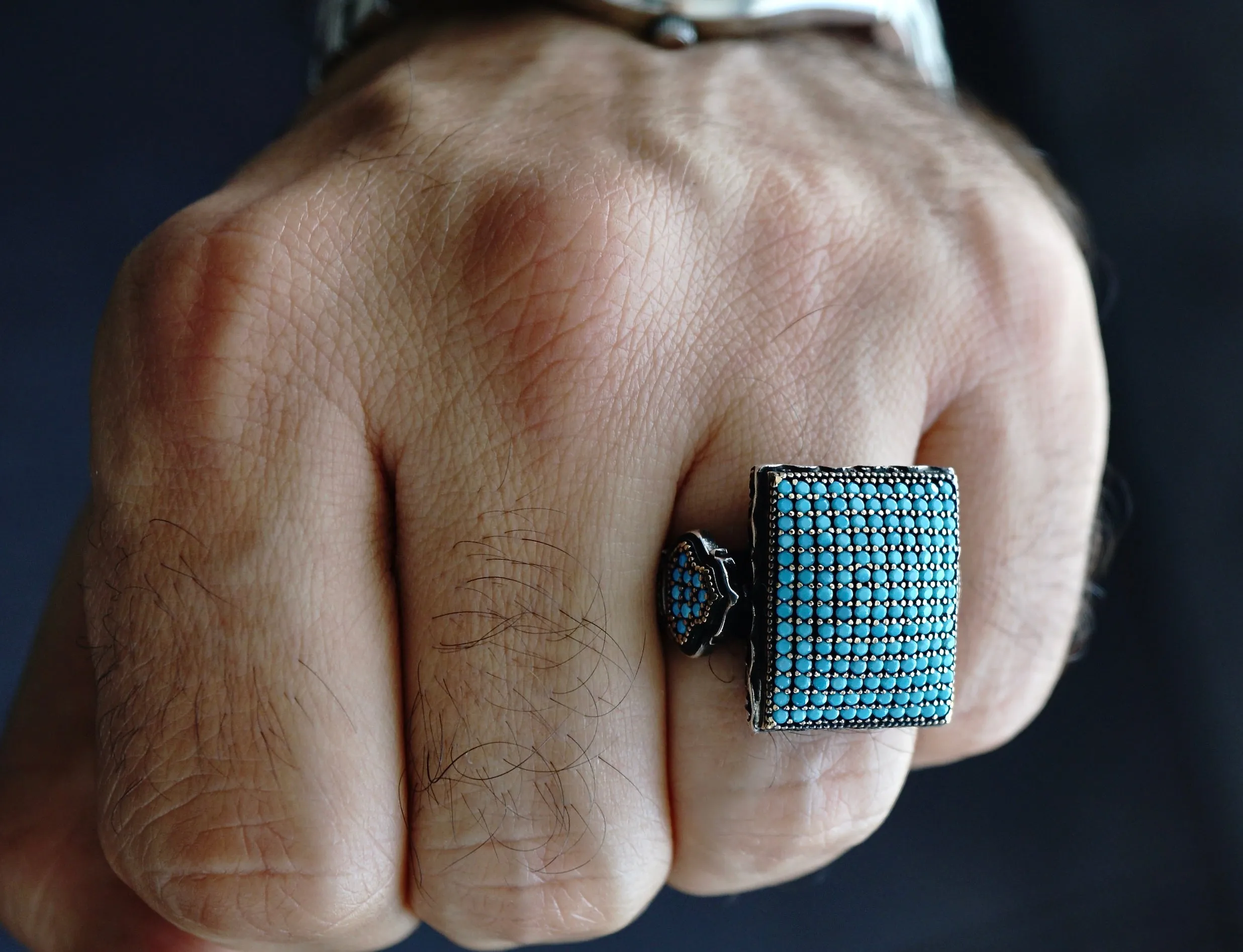 925 Sterling Silver Men's Ring Turquoise pave signet micro setting Unique Jewelry