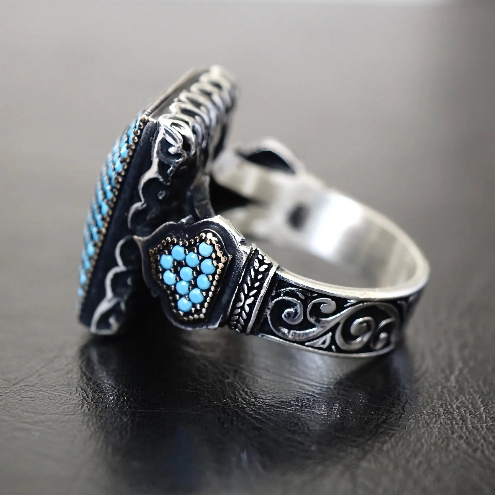 925 Sterling Silver Men's Ring Turquoise pave signet micro setting Unique Jewelry