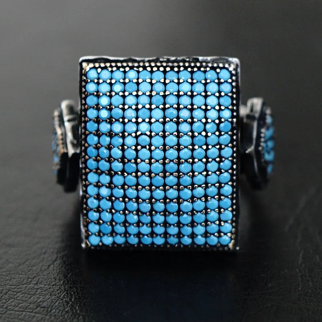 925 Sterling Silver Men's Ring Turquoise pave signet micro setting Unique Jewelry