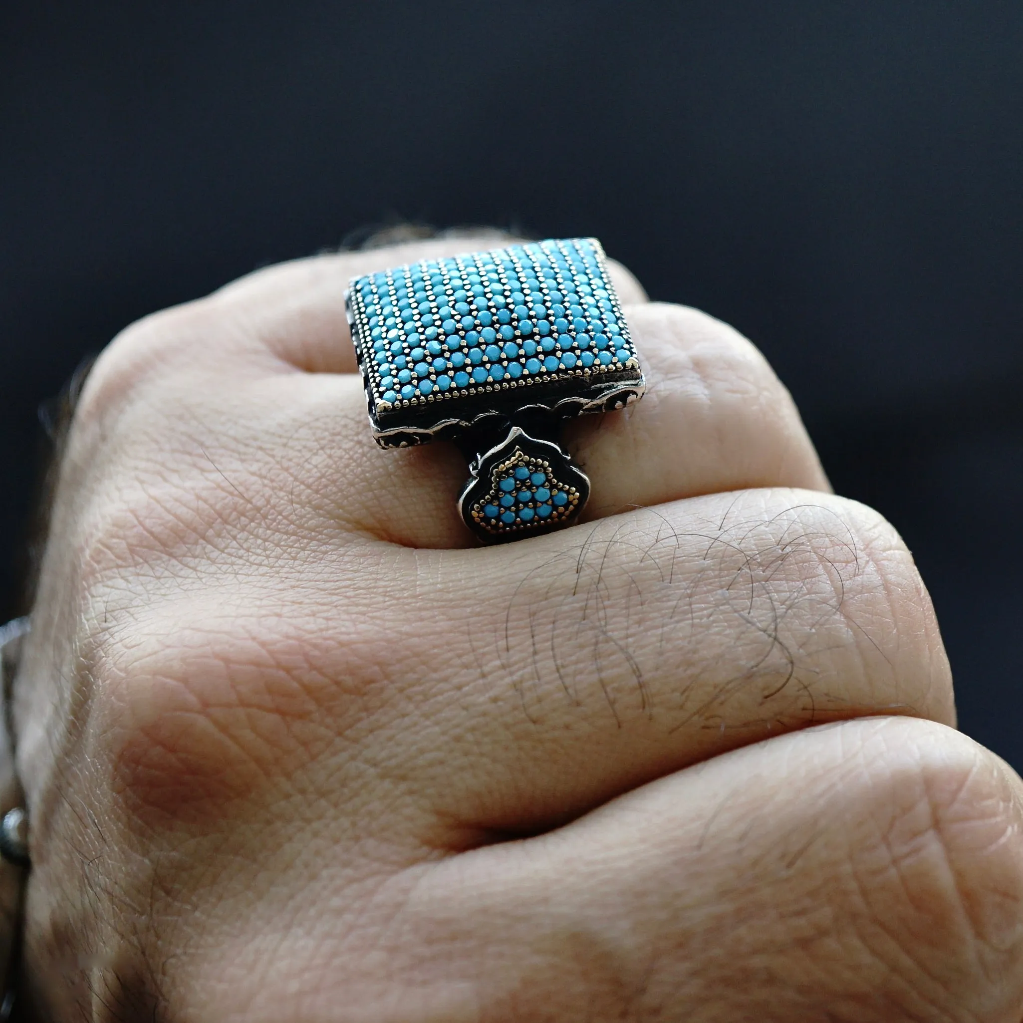 925 Sterling Silver Men's Ring Turquoise pave signet micro setting Unique Jewelry