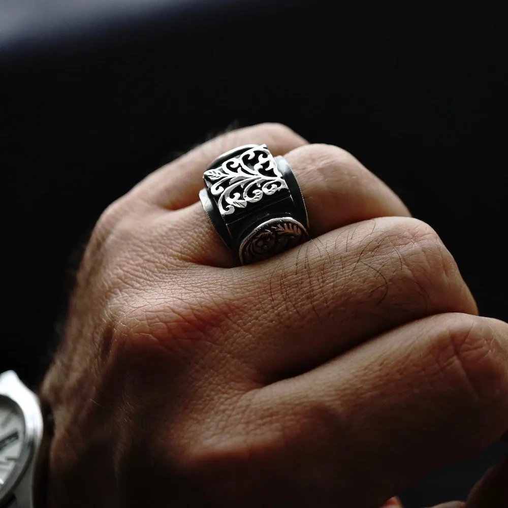 925 Sterling Silver Solid Handcrafted Engraved Unique Men's Ring Turkish Anatolian Ottoman Jewelry