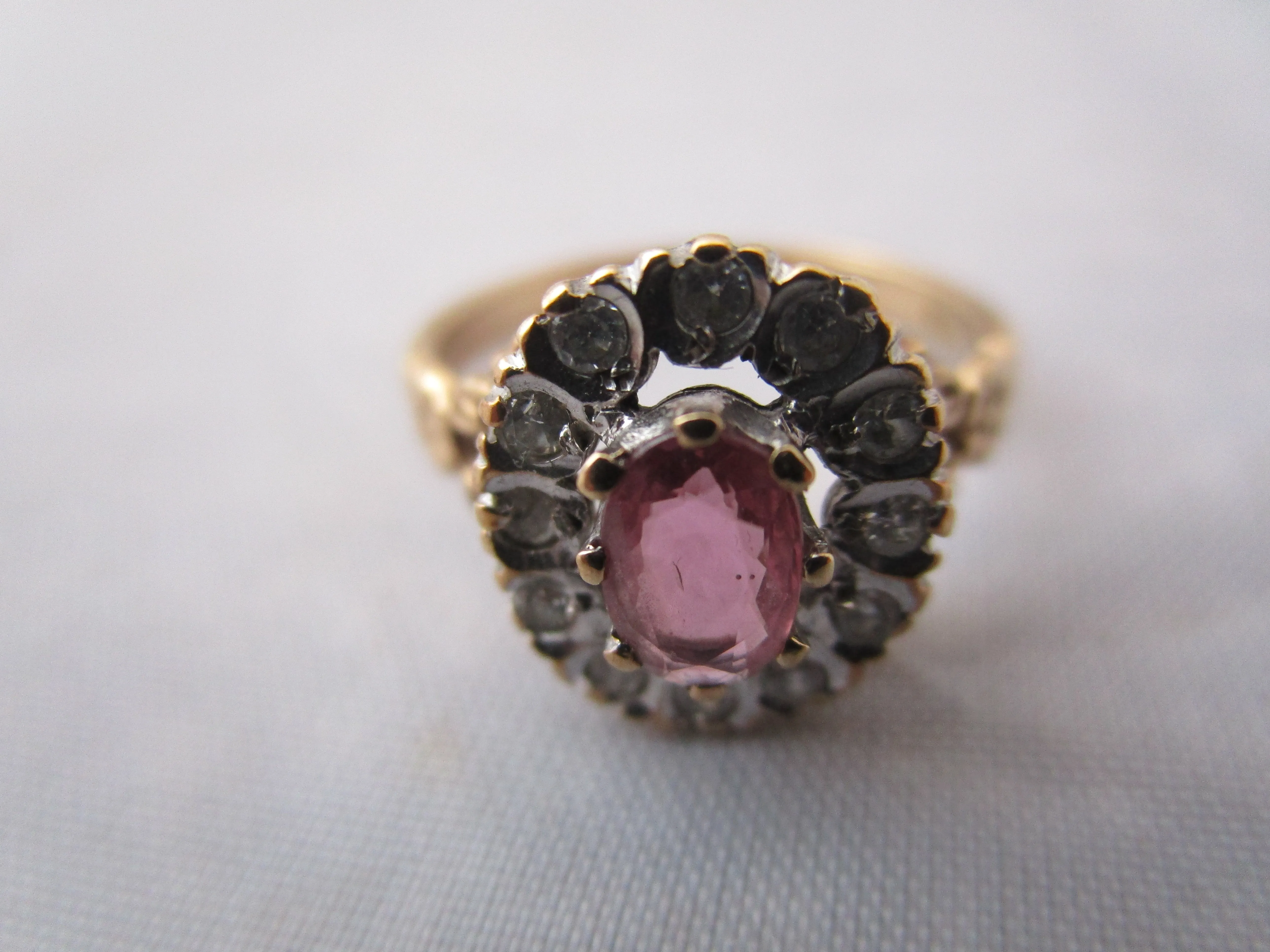 9K Gold Pink Ruby And Diamond Cluster Ring Vintage c1980