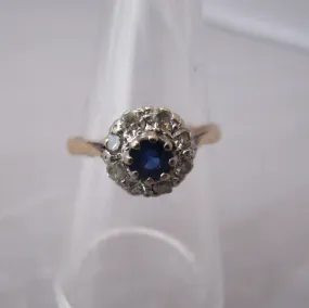 9k Gold Platinum Sapphire And Diamond Cluster Ring Vintage c1980