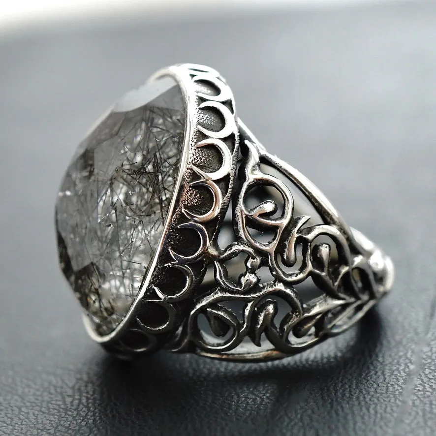 Absolutely Unique Handcrafted Men's Ring Rutilated Quartz Gemstone 925 Sterling Silver