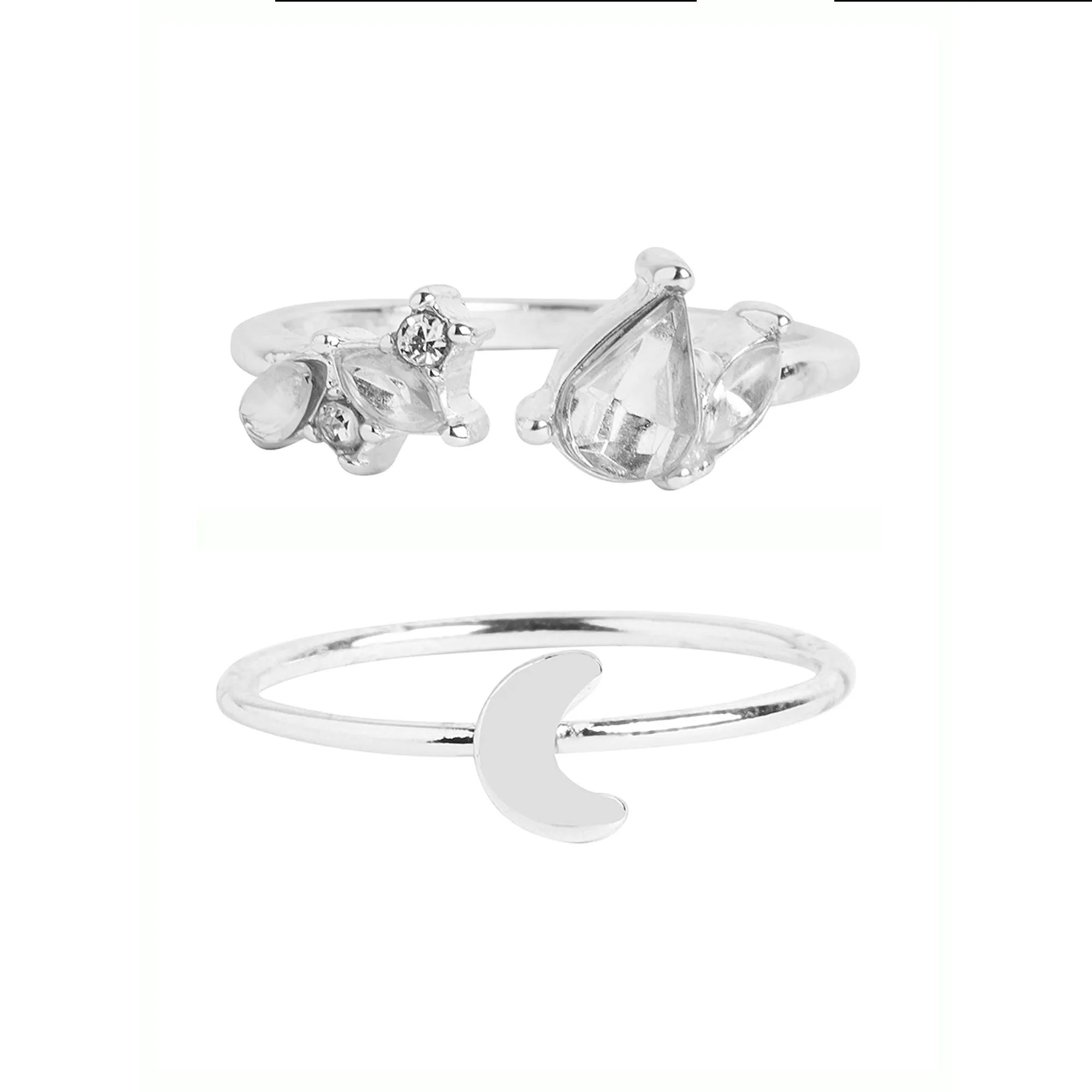 Accessorize London Women's Silver Moon Crystal Rings Pack of 2 - Medium