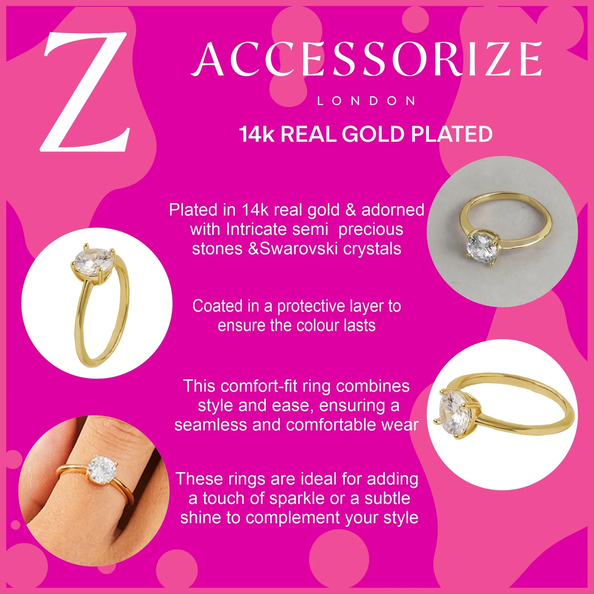 Accessorize London Women's Z Real Gold-Plated Cubic Zirconia Solitaire Ring-Medium