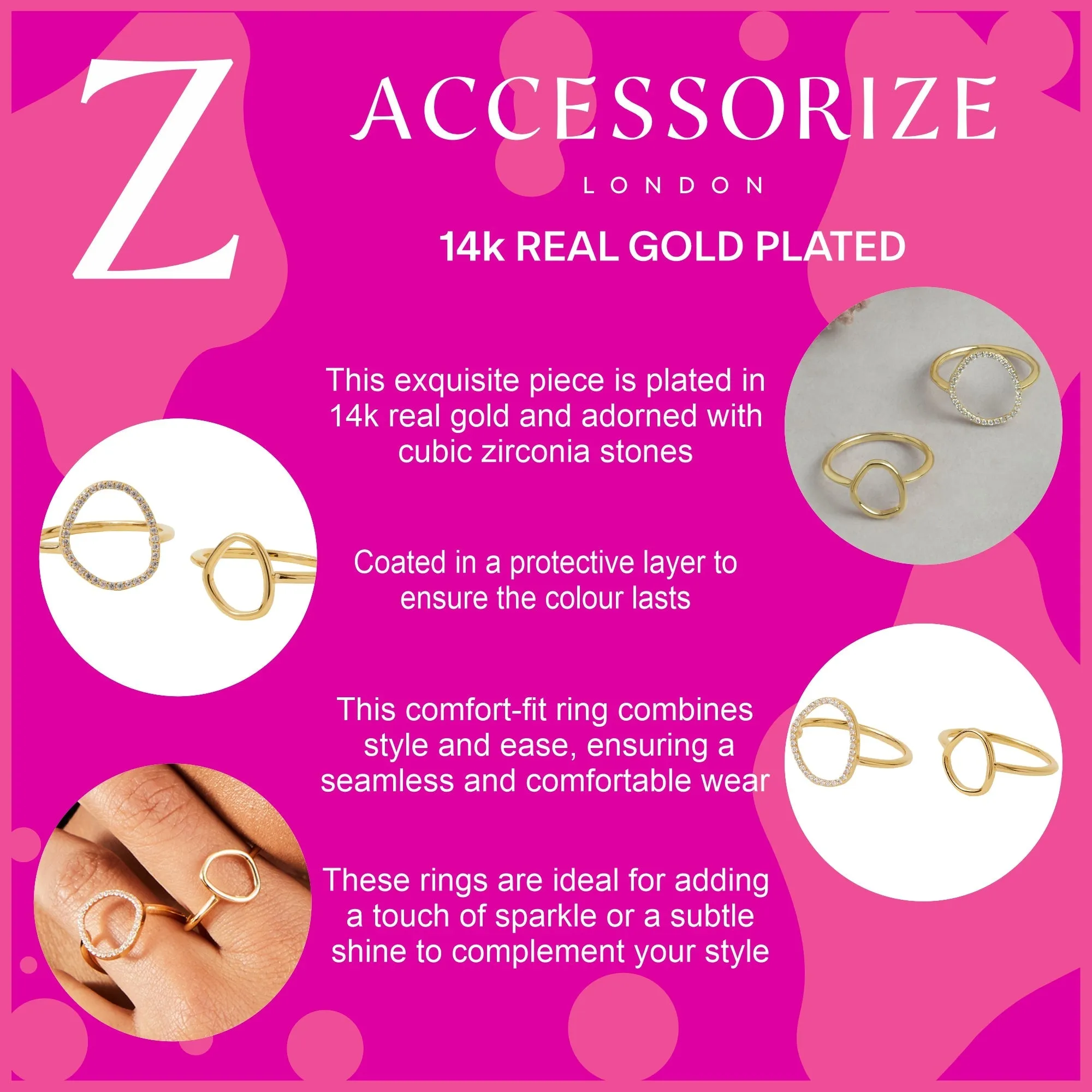 Accessorize London Women's Z Real Gold-Plated Cubic Zirconia Sparkle Pebble Rings Pack Of Two-Medium