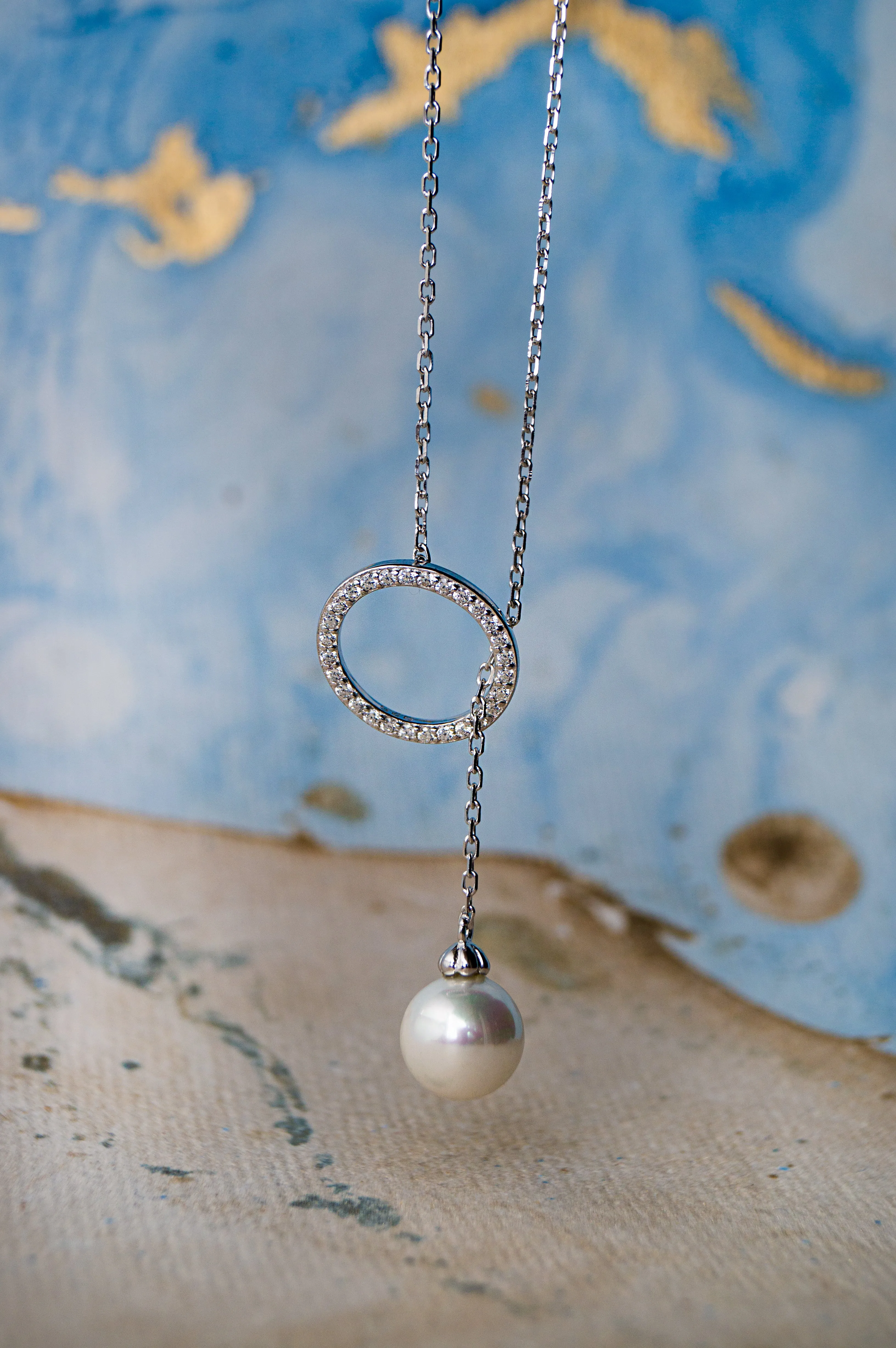 Adjustable Pearl With Circle Rose Gold Plated Sterling Silver Lariat Necklace