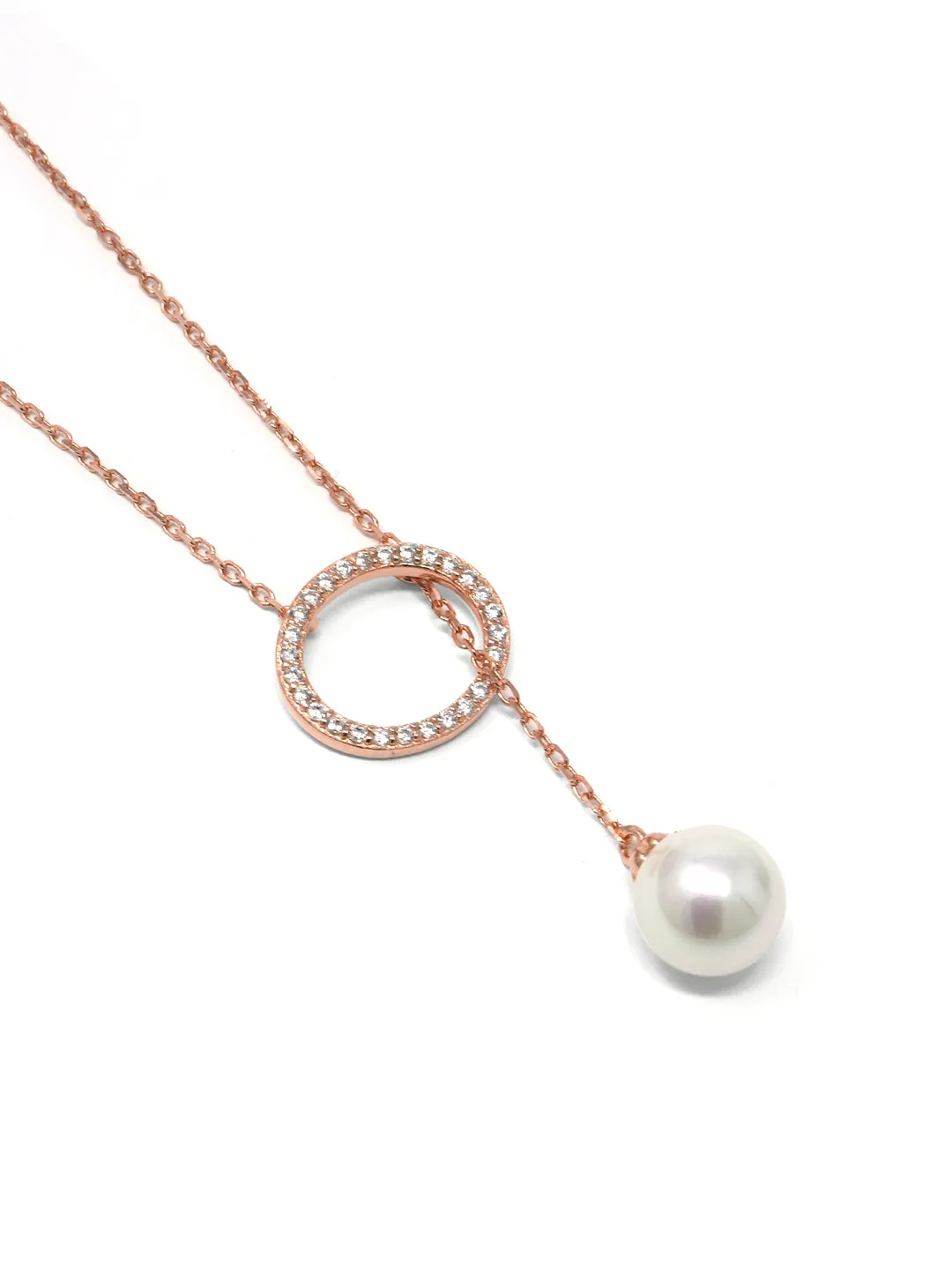 Adjustable Pearl With Circle Rose Gold Plated Sterling Silver Lariat Necklace