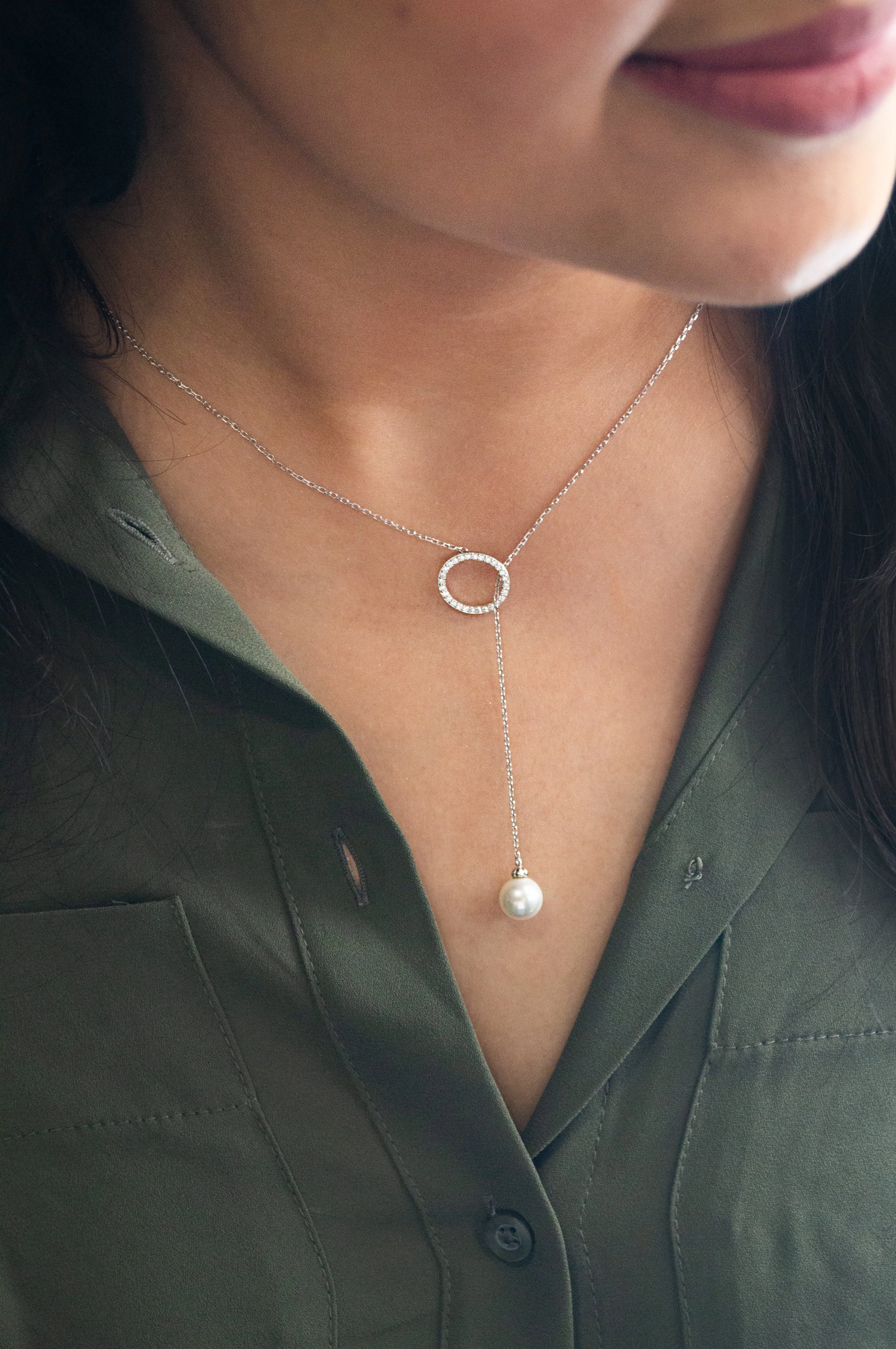 Adjustable Pearl With Circle Rose Gold Plated Sterling Silver Lariat Necklace