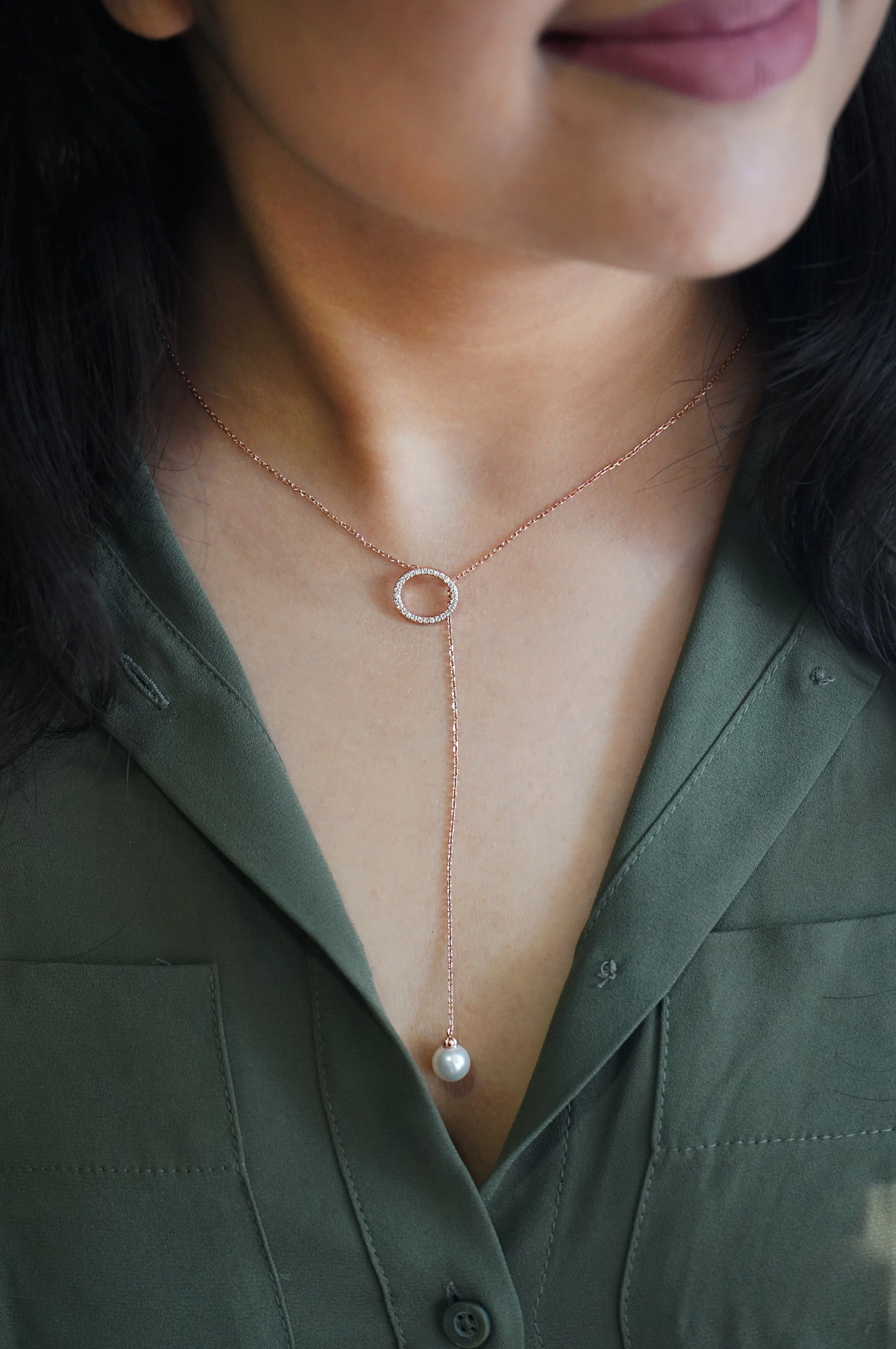 Adjustable Pearl With Circle Rose Gold Plated Sterling Silver Lariat Necklace