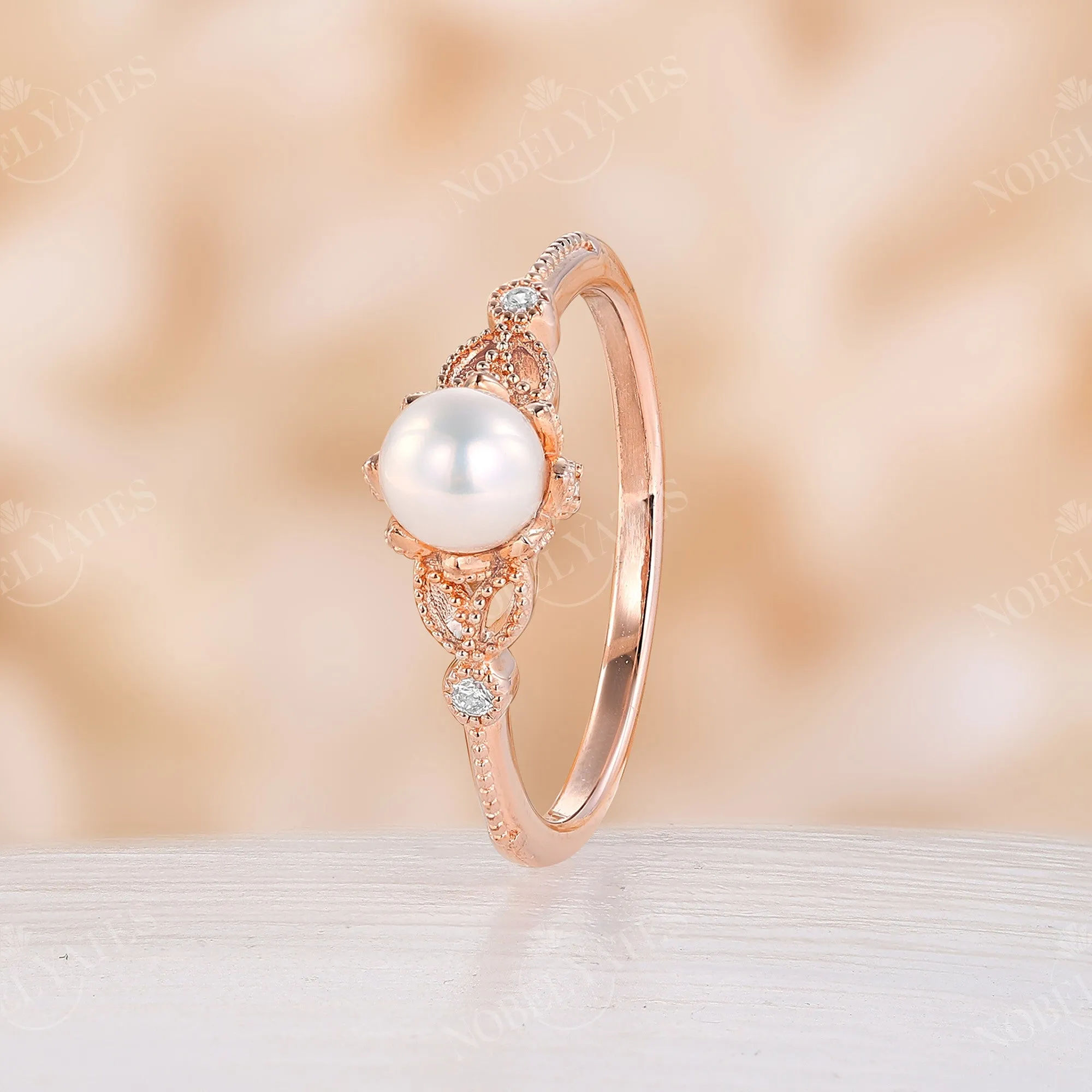 Akoya Pearl & Diamond Vintage Milgrain Engagement Ring Rose Gold