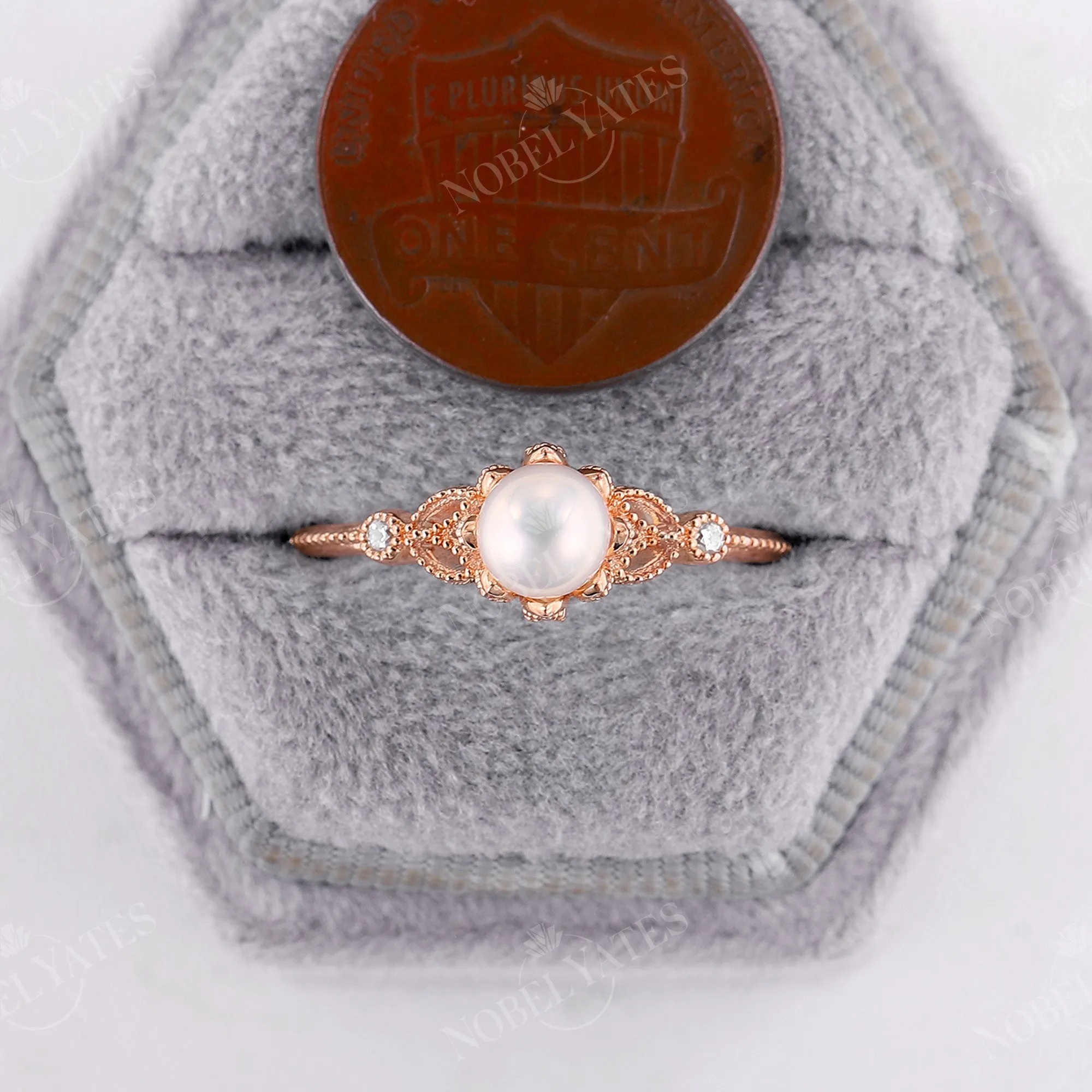 Akoya Pearl & Diamond Vintage Milgrain Engagement Ring Rose Gold