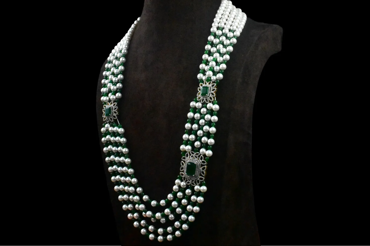 American Diamond Side Brooch With Pearls, Emralds Beads Rani Haar Necklace Set By Asp Fashion Jewellery