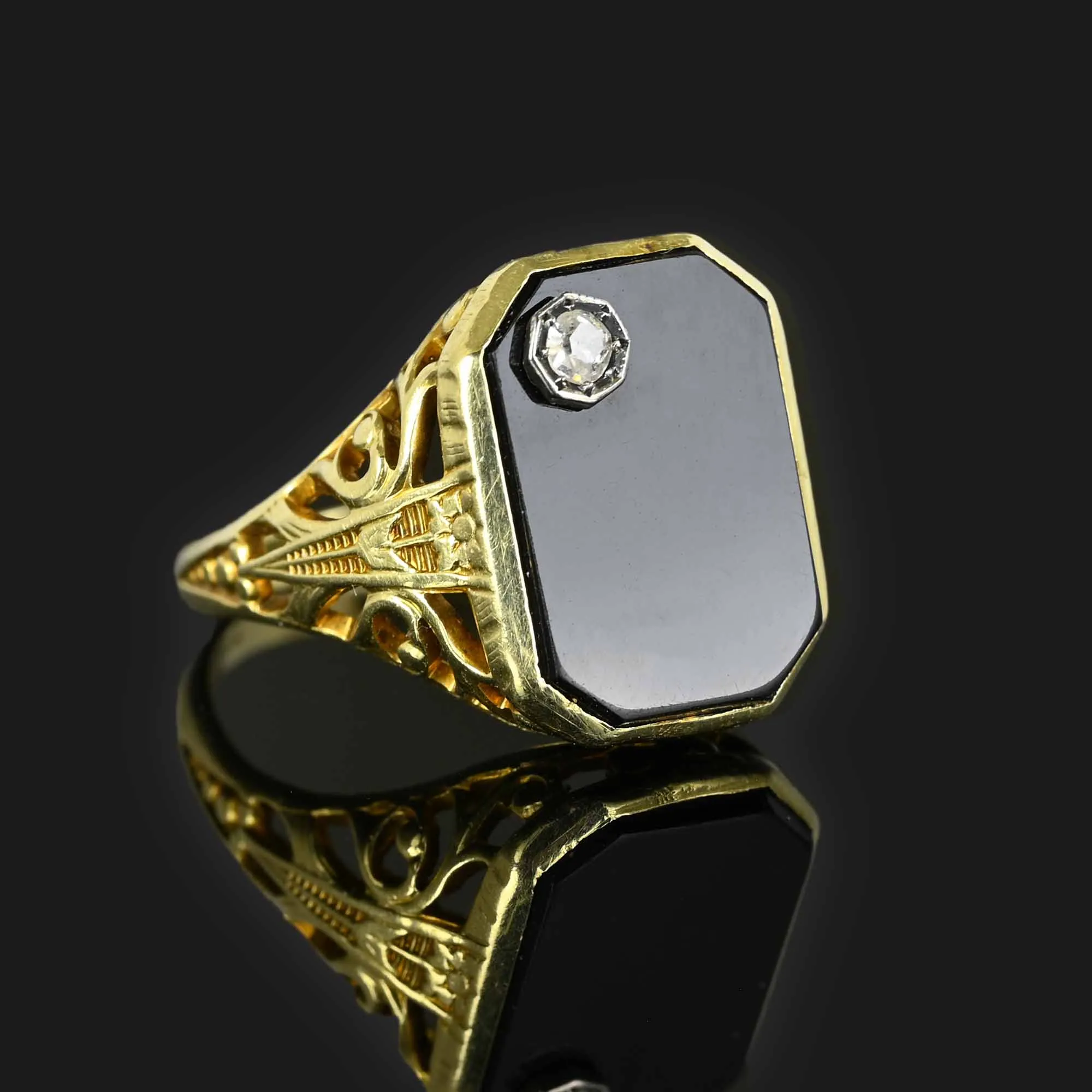 Art Deco 14K Gold Filigree Onyx Diamond Ring