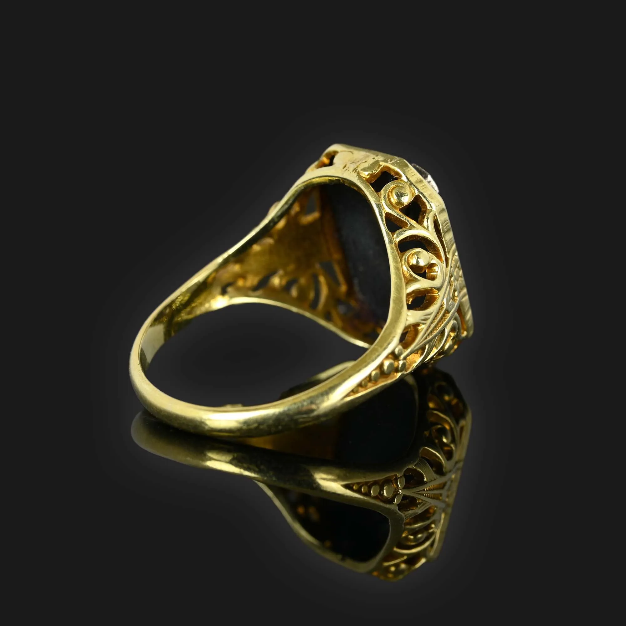 Art Deco 14K Gold Filigree Onyx Diamond Ring