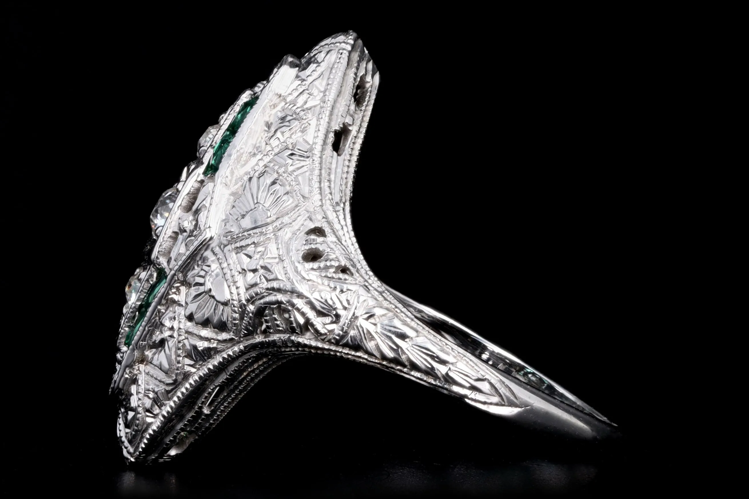 Art Deco 18K White Gold Old European Diamond & Synthetic Emerald Filigree Ring