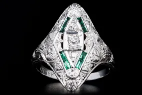 Art Deco 18K White Gold Old European Diamond & Synthetic Emerald Filigree Ring