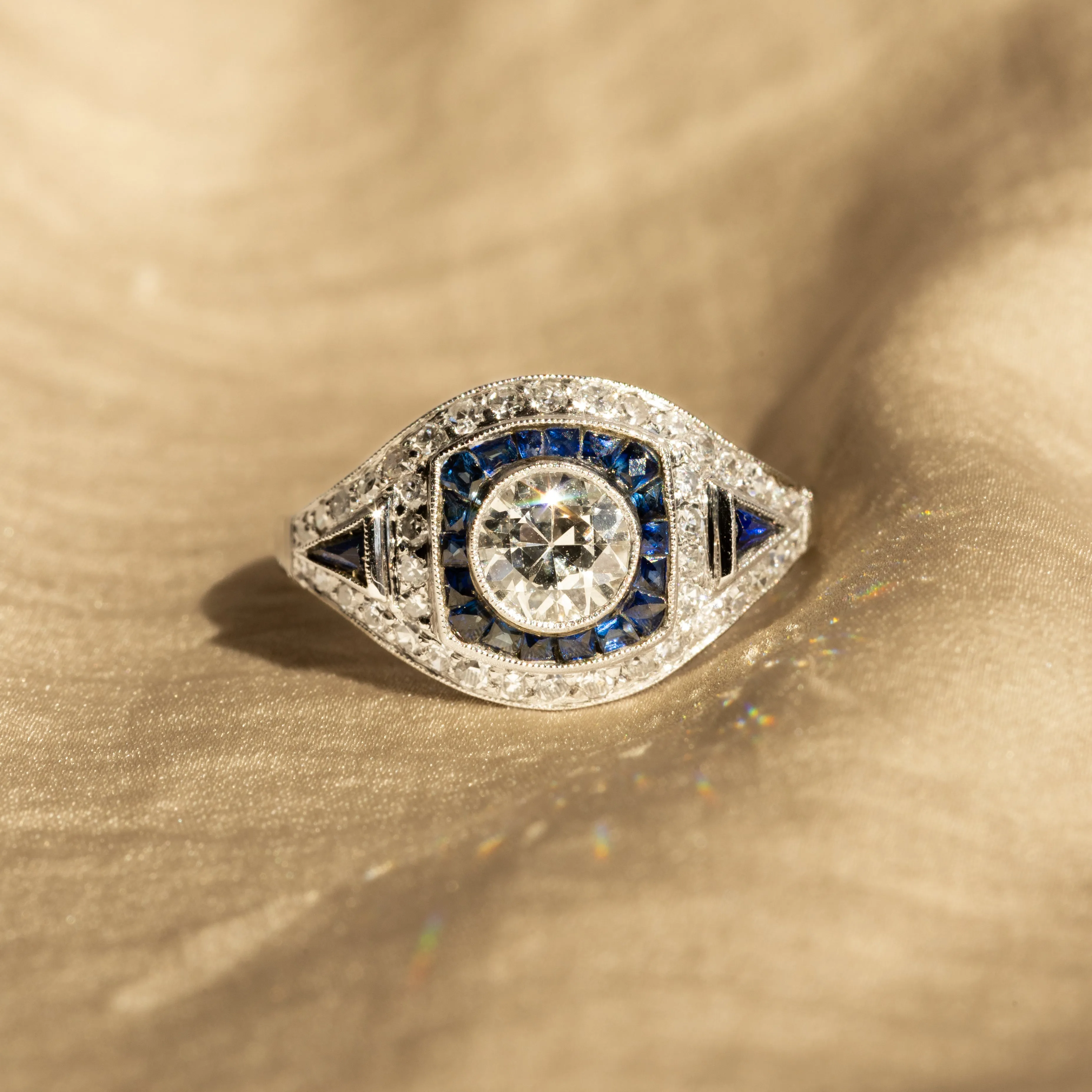 Art Deco Inspired 0.55 Carat Old European Diamond Sapphire Ring