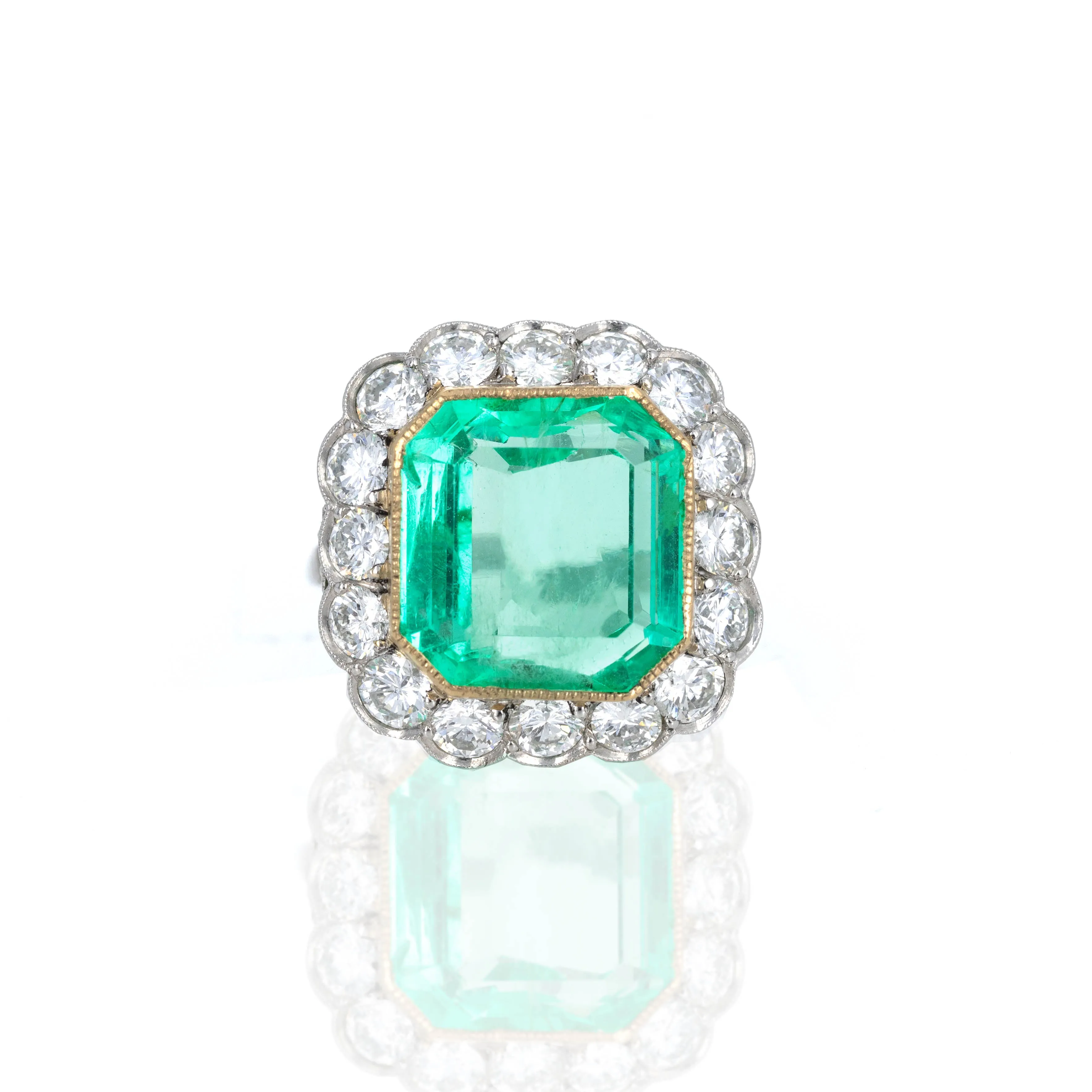 Art Deco Inspired 9.36 Carat Natural Colombian Emerald & Diamond Halo Ring