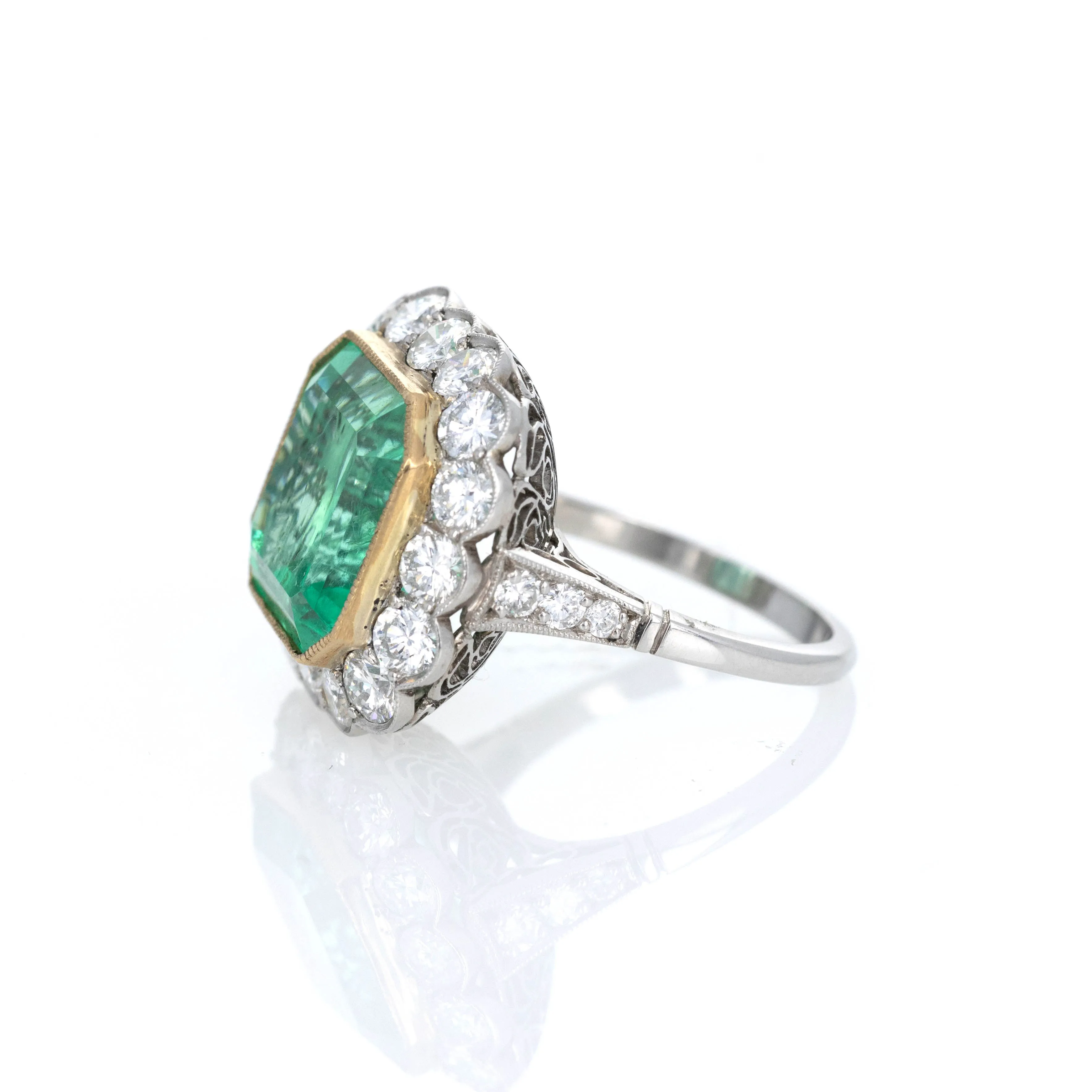 Art Deco Inspired 9.36 Carat Natural Colombian Emerald & Diamond Halo Ring