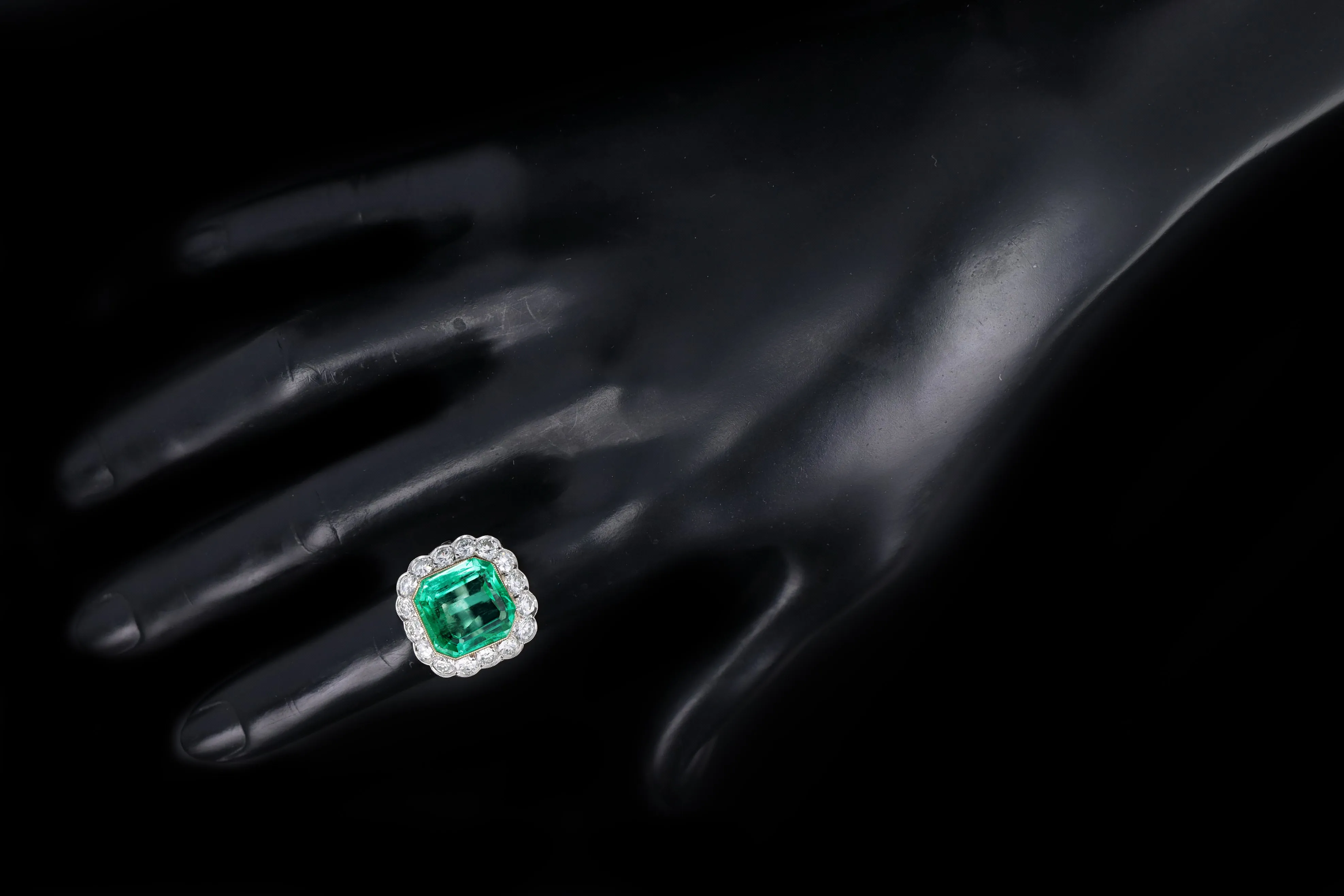 Art Deco Inspired 9.36 Carat Natural Colombian Emerald & Diamond Halo Ring