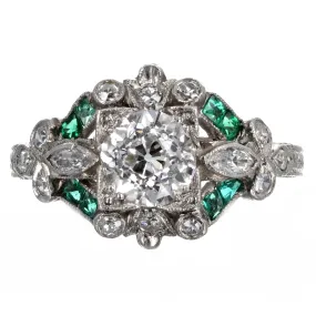 Art Deco Platinum 0.90 Carat Old European Cut Diamond & Natural Emerald Engagement Ring