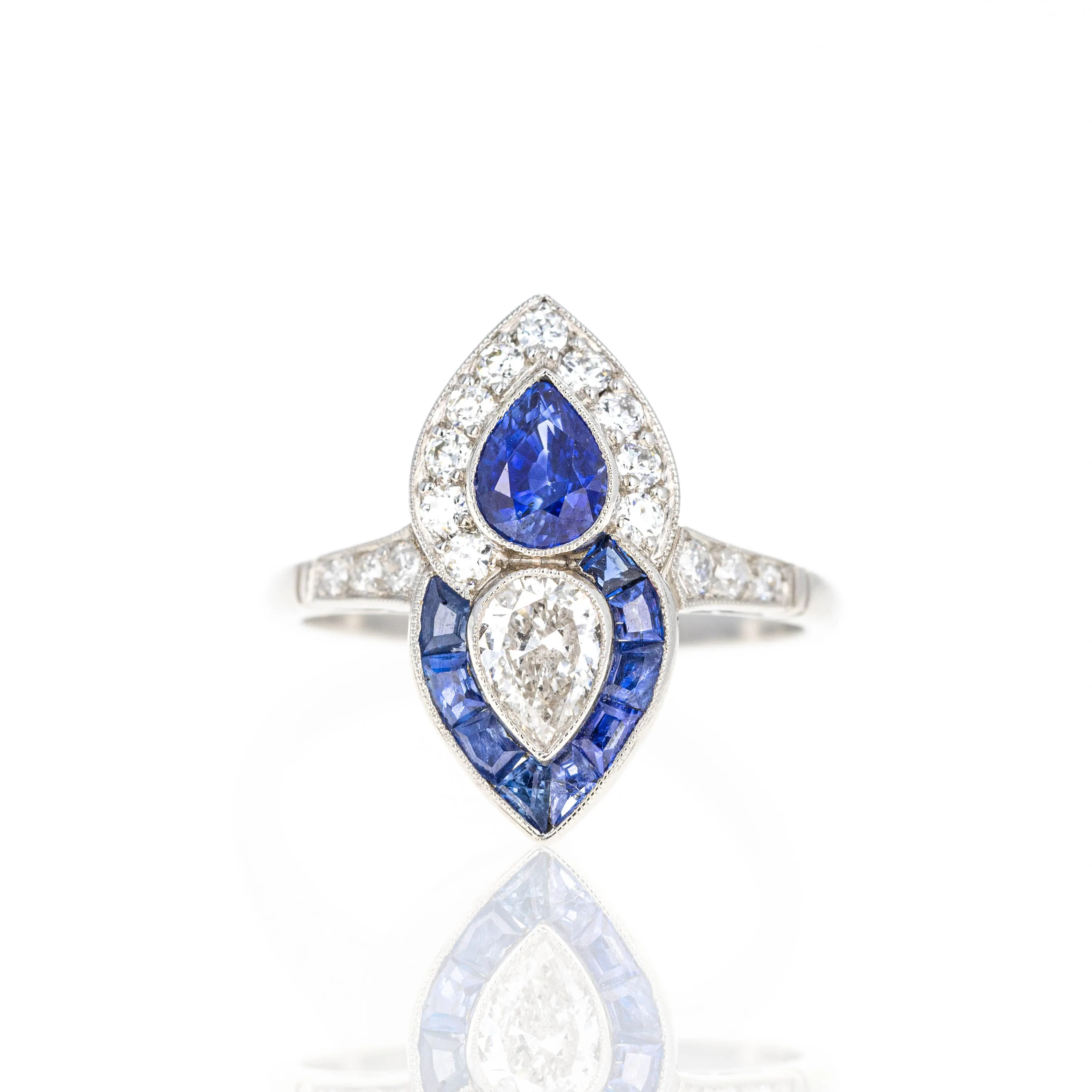 Art Deco Platinum Pear Sapphire Diamond Two Stone Ring