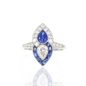 Art Deco Platinum Pear Sapphire Diamond Two Stone Ring