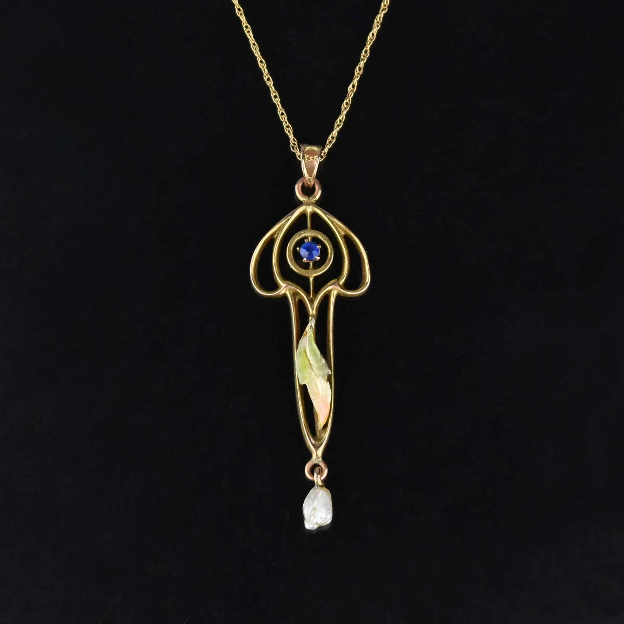 Art Nouveau Enamel Leaf Lavaliere Blue Spinel Necklace