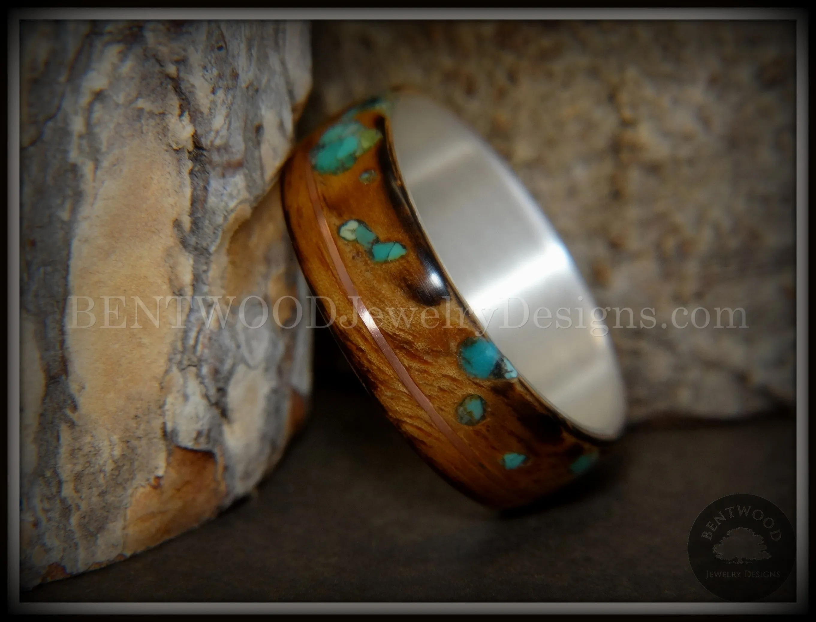 Bentwood Ring - Random Smoky Olivewood Silver Core with Copper and Turquoise Inlays